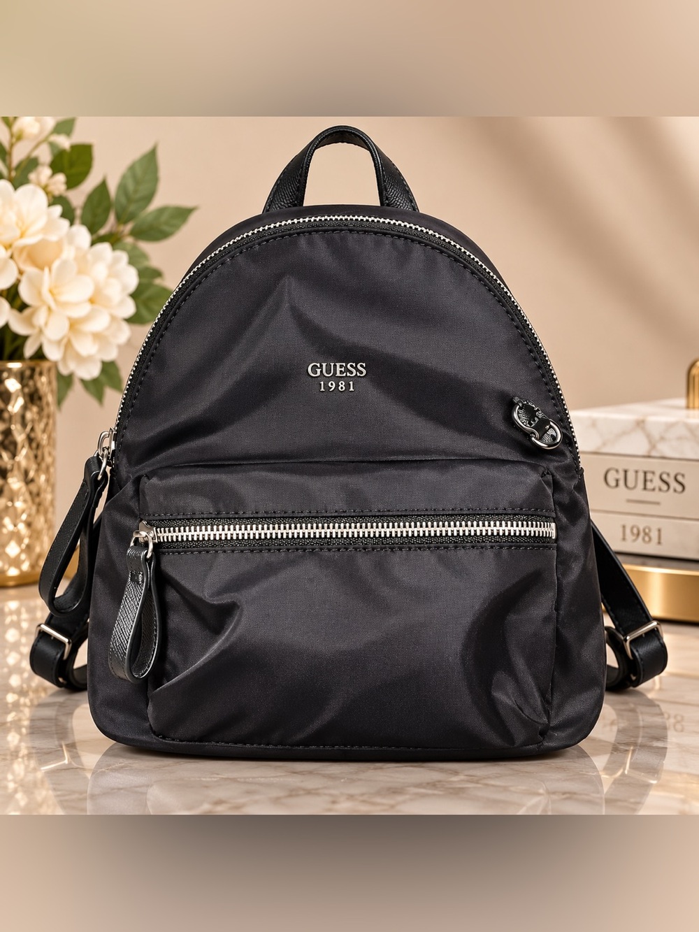 GUESS Black Nylon Mini Backpack with Silver Hardware